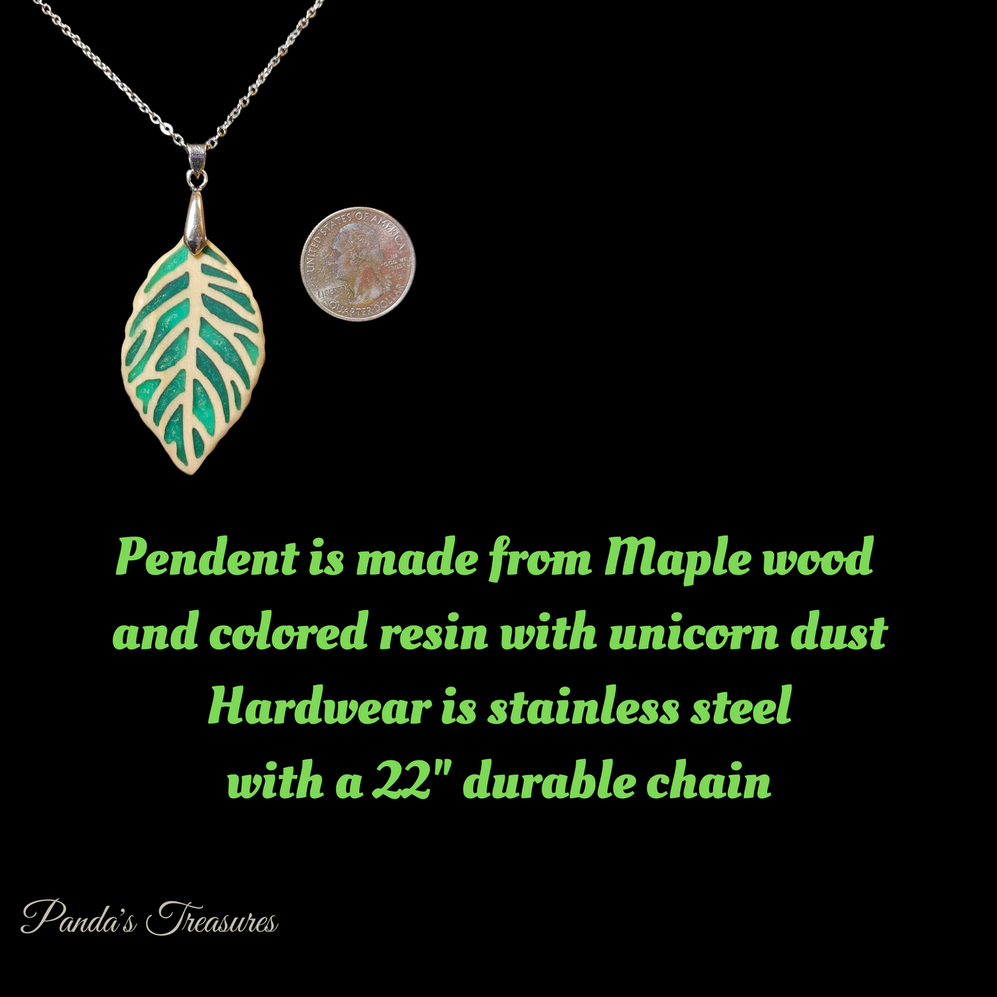 Necklace - Maple and green resin with unicorn dust, Leaf