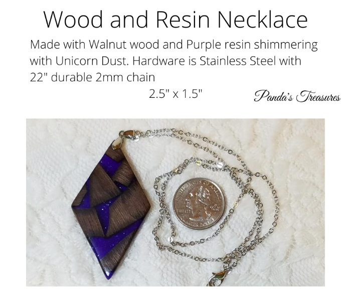 Necklace - Walnut and Purple Resin Rhombus 205