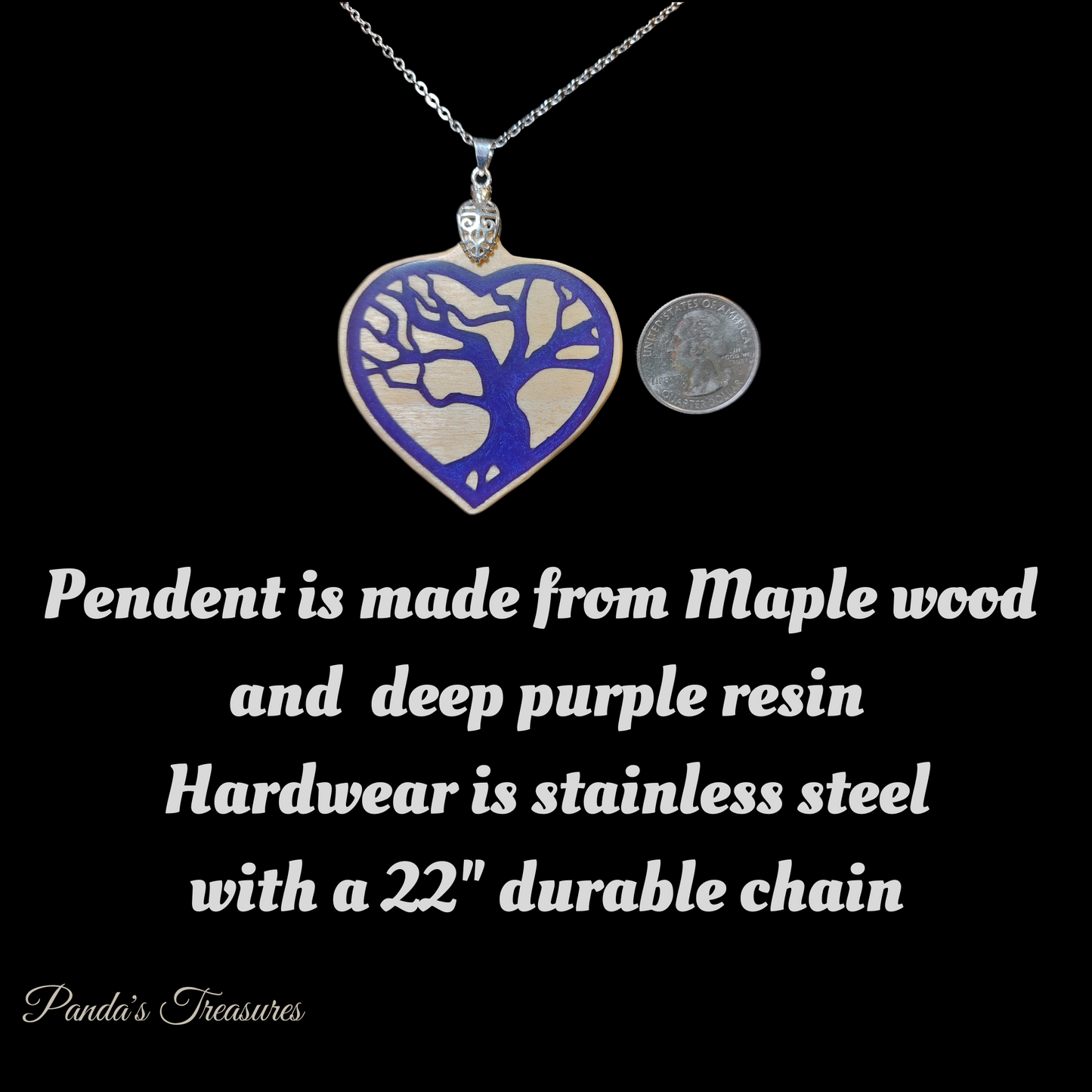 Necklace - Maple and Purple Resin, Tree of Life in Heart